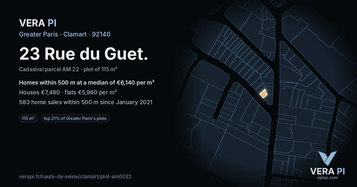 23 Rue du Guet, Clamart at night – the plot lit, the parcels around coloured by the prices near them