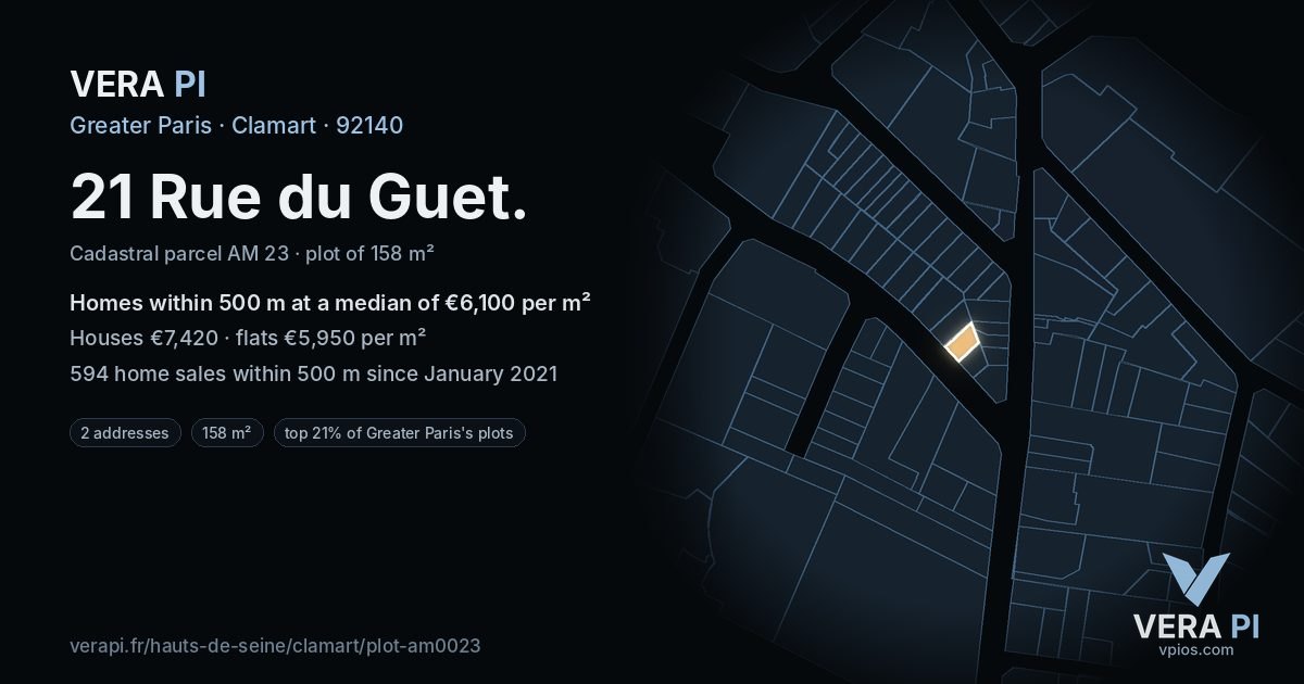 21 Rue du Guet, Clamart at night – the plot lit, the parcels around coloured by the prices near them