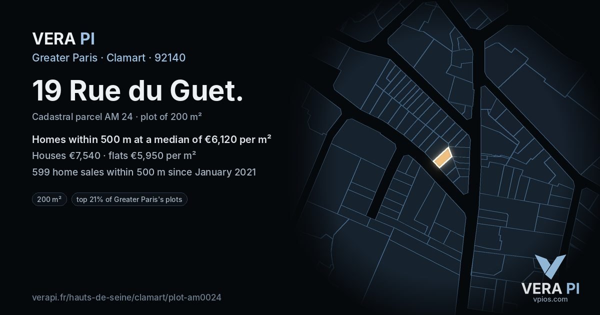 19 Rue du Guet, Clamart at night – the plot lit, the parcels around coloured by the prices near them