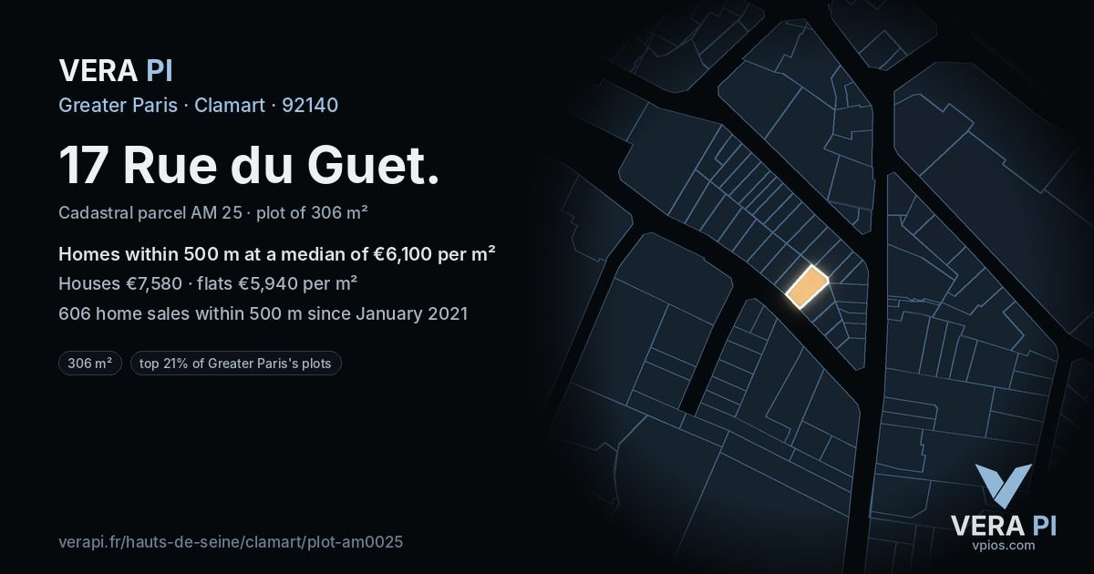 17 Rue du Guet, Clamart at night – the plot lit, the parcels around coloured by the prices near them