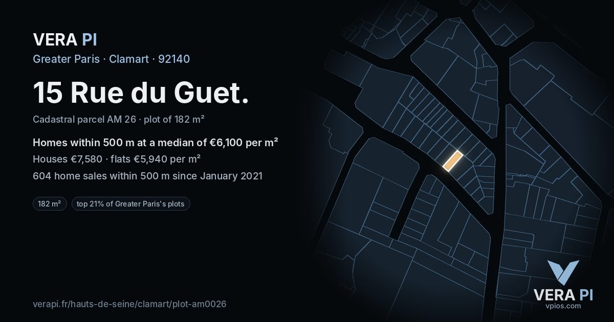 15 Rue du Guet, Clamart at night – the plot lit, the parcels around coloured by the prices near them