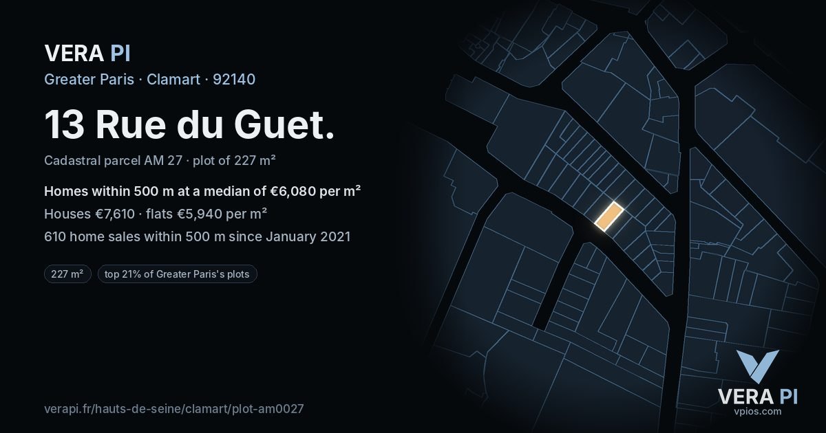 13 Rue du Guet, Clamart at night – the plot lit, the parcels around coloured by the prices near them