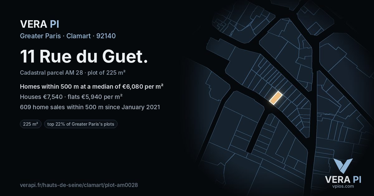 11 Rue du Guet, Clamart at night – the plot lit, the parcels around coloured by the prices near them