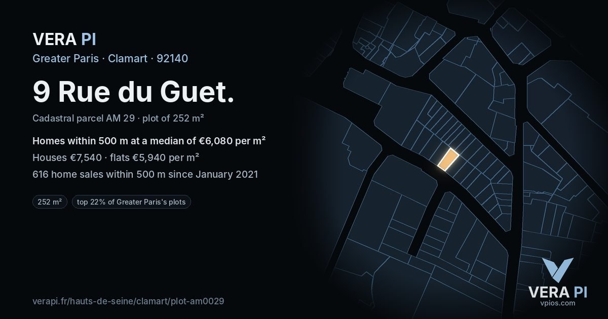 9 Rue du Guet, Clamart at night – the plot lit, the parcels around coloured by the prices near them