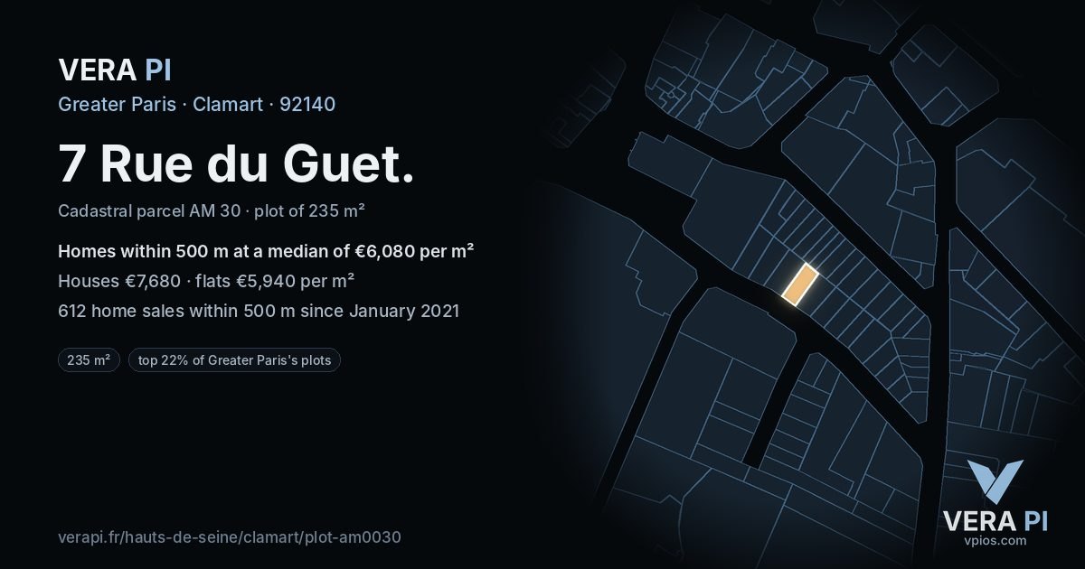 7 Rue du Guet, Clamart at night – the plot lit, the parcels around coloured by the prices near them
