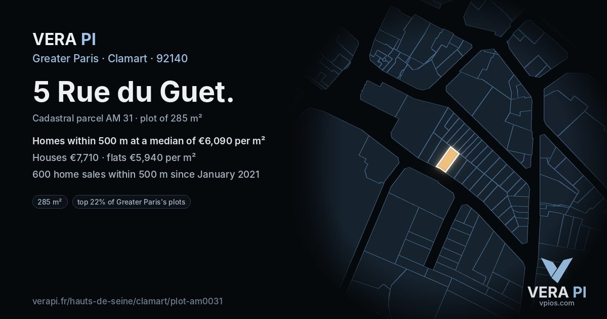5 Rue du Guet, Clamart at night – the plot lit, the parcels around coloured by the prices near them