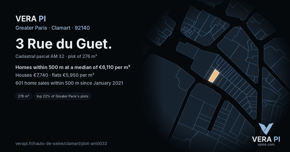 3 Rue du Guet, Clamart at night – the plot lit, the parcels around coloured by the prices near them