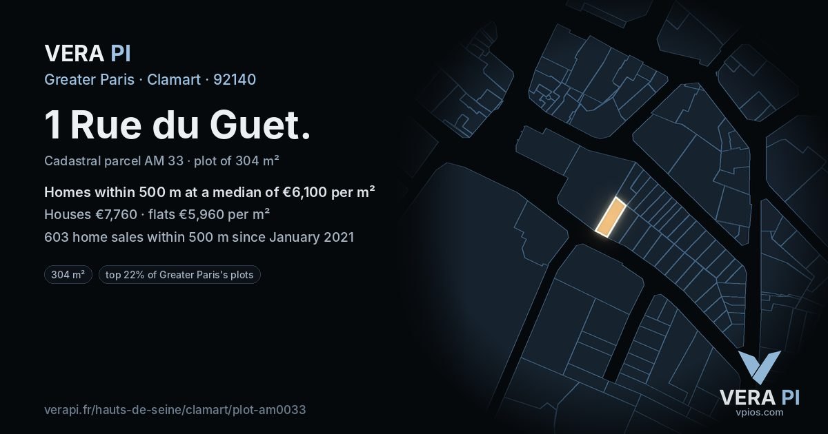 1 Rue du Guet, Clamart at night – the plot lit, the parcels around coloured by the prices near them