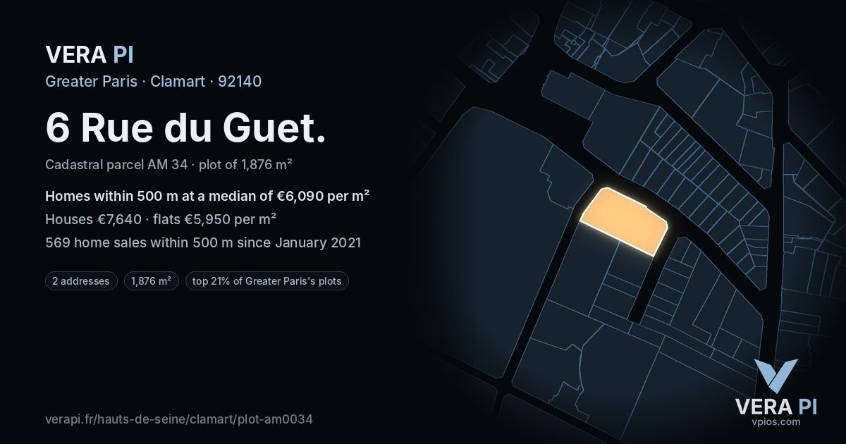 6 Rue du Guet, Clamart at night – the plot lit, the parcels around coloured by the prices near them