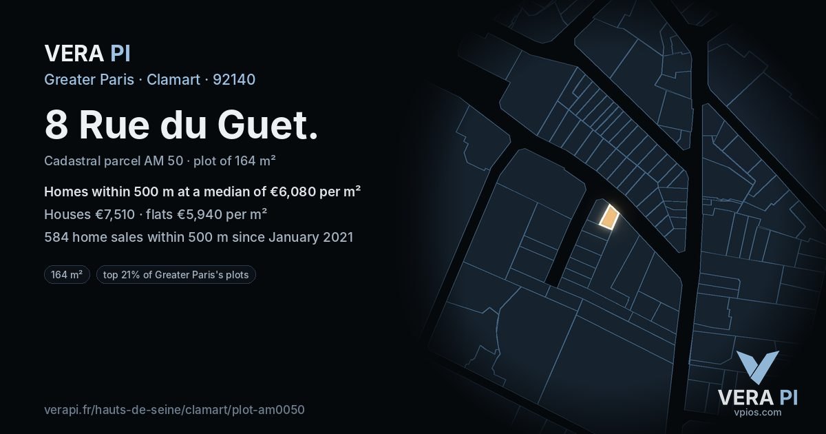 8 Rue du Guet, Clamart at night – the plot lit, the parcels around coloured by the prices near them