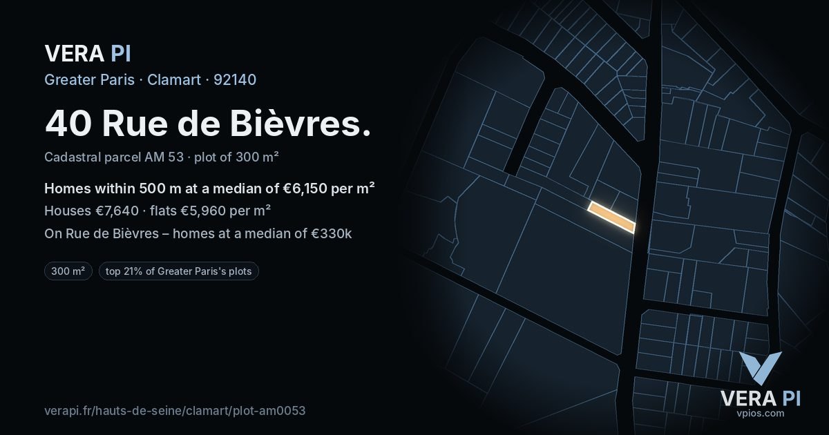 40 Rue de Bièvres, Clamart at night – the plot lit, the parcels around coloured by the prices near them