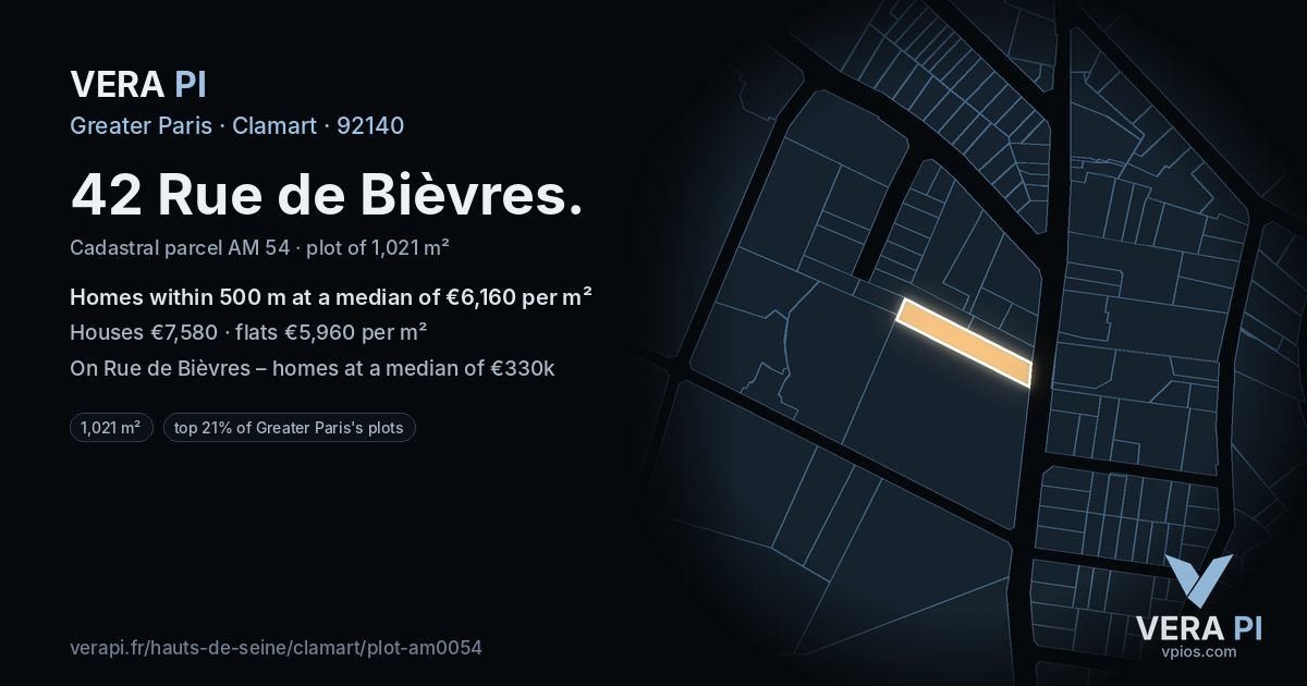 42 Rue de Bièvres, Clamart at night – the plot lit, the parcels around coloured by the prices near them