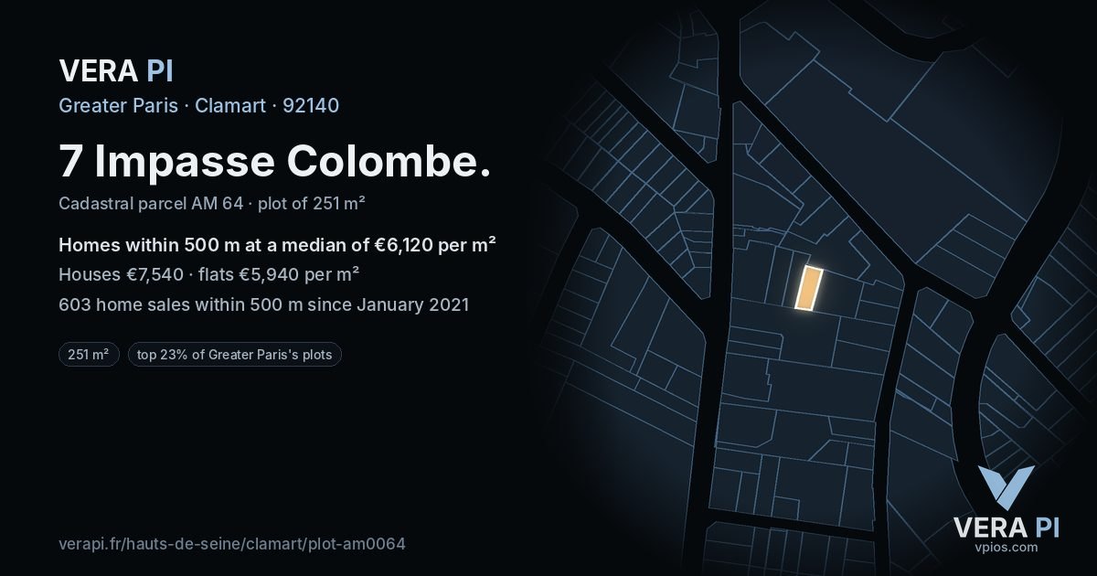7 Impasse Colombe, Clamart at night – the plot lit, the parcels around coloured by the prices near them
