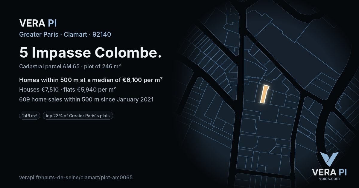 5 Impasse Colombe, Clamart at night – the plot lit, the parcels around coloured by the prices near them