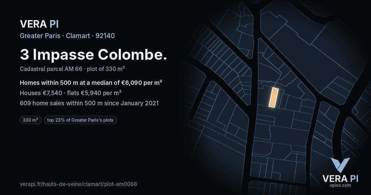 3 Impasse Colombe, Clamart at night – the plot lit, the parcels around coloured by the prices near them