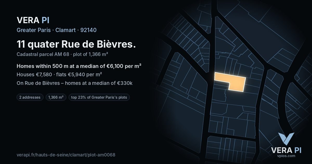 11 quater Rue de Bièvres, Clamart at night – the plot lit, the parcels around coloured by the prices near them