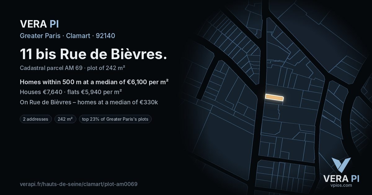 11 bis Rue de Bièvres, Clamart at night – the plot lit, the parcels around coloured by the prices near them