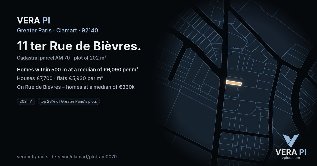 11 ter Rue de Bièvres, Clamart at night – the plot lit, the parcels around coloured by the prices near them
