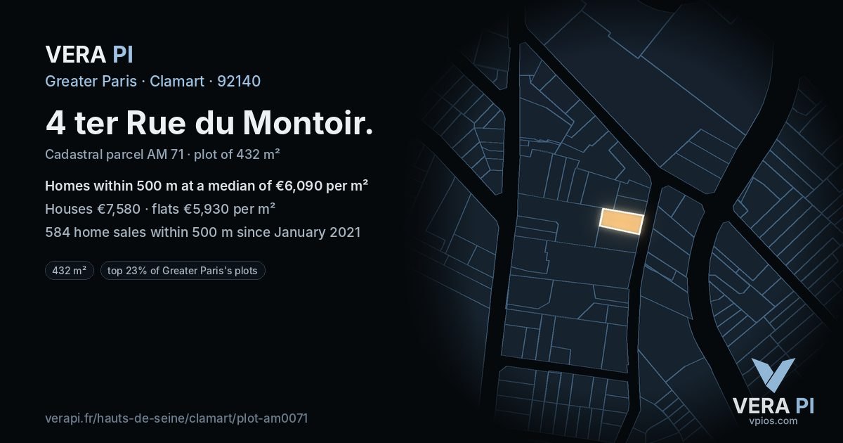 4 ter Rue du Montoir, Clamart at night – the plot lit, the parcels around coloured by the prices near them