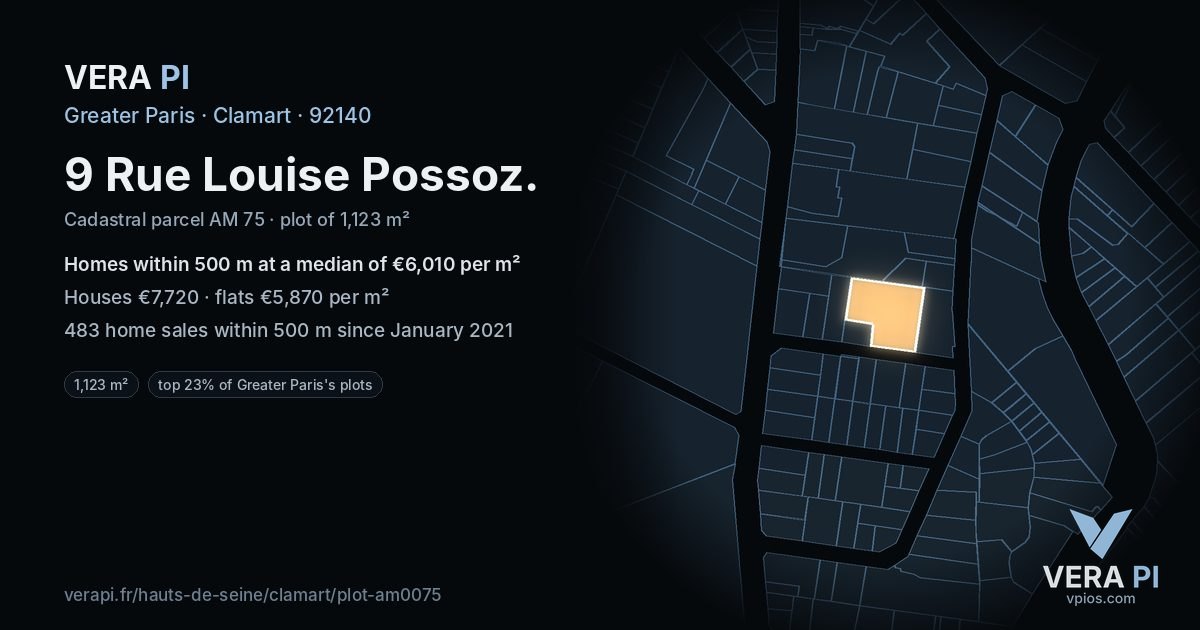9 Rue Louise Possoz, Clamart at night – the plot lit, the parcels around coloured by the prices near them