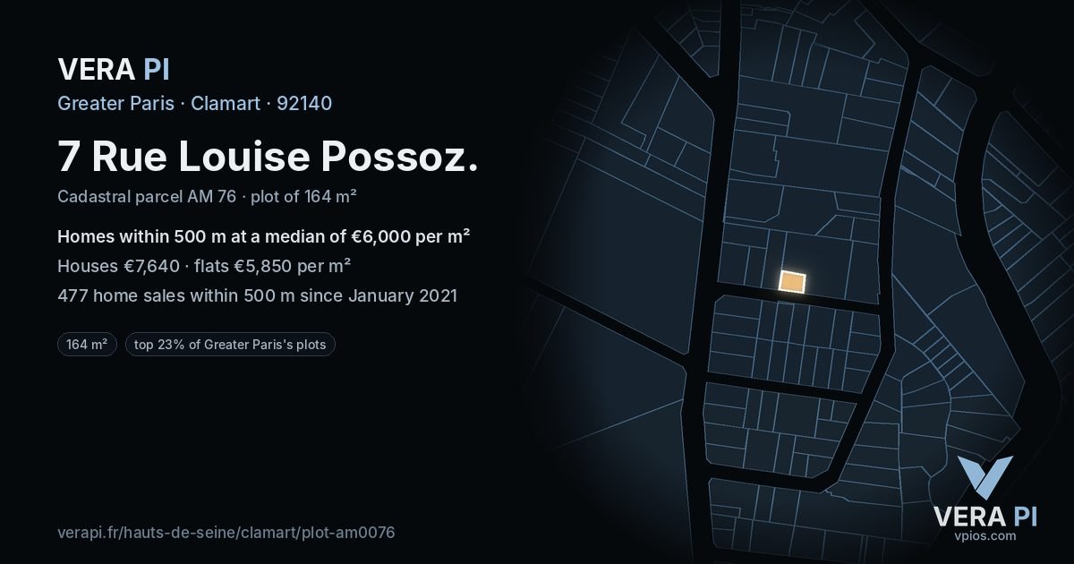 7 Rue Louise Possoz, Clamart at night – the plot lit, the parcels around coloured by the prices near them