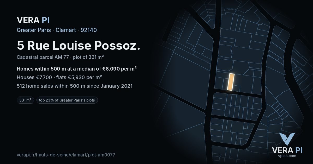 5 Rue Louise Possoz, Clamart at night – the plot lit, the parcels around coloured by the prices near them