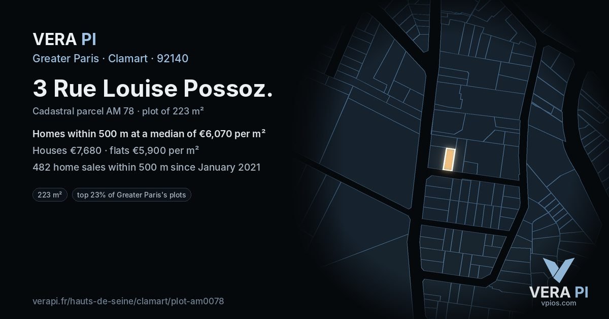 3 Rue Louise Possoz, Clamart at night – the plot lit, the parcels around coloured by the prices near them