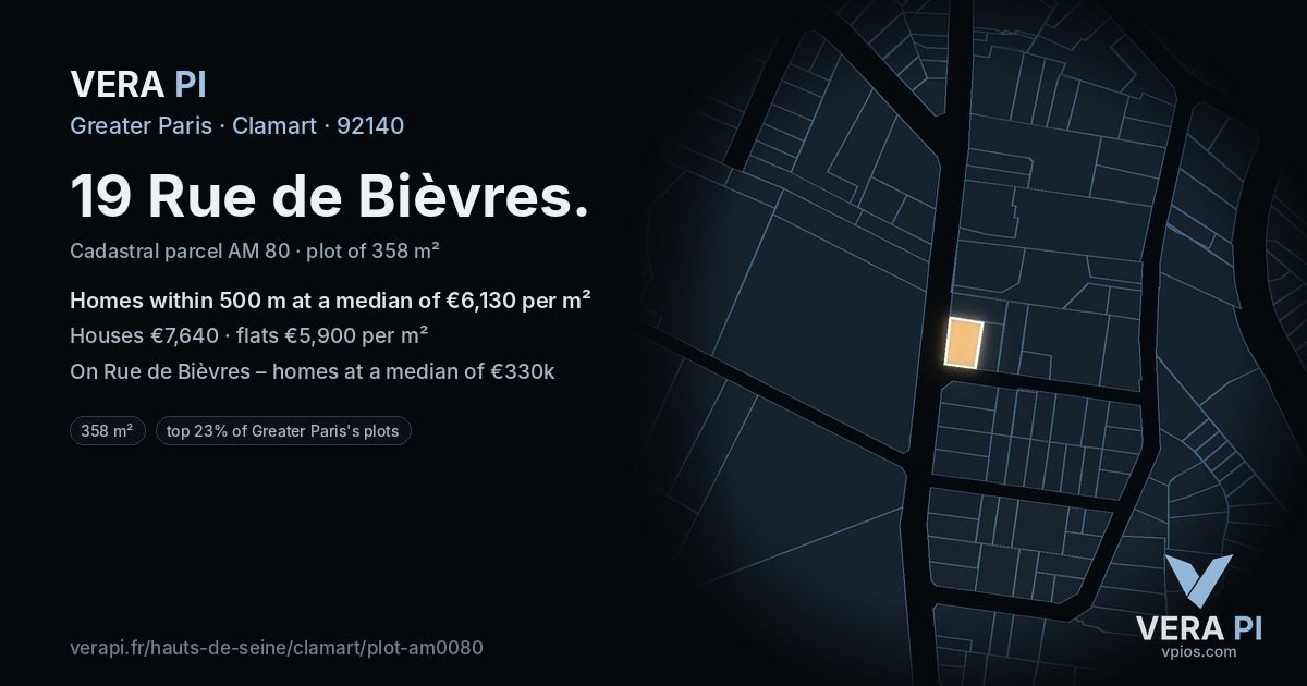 19 Rue de Bièvres, Clamart at night – the plot lit, the parcels around coloured by the prices near them