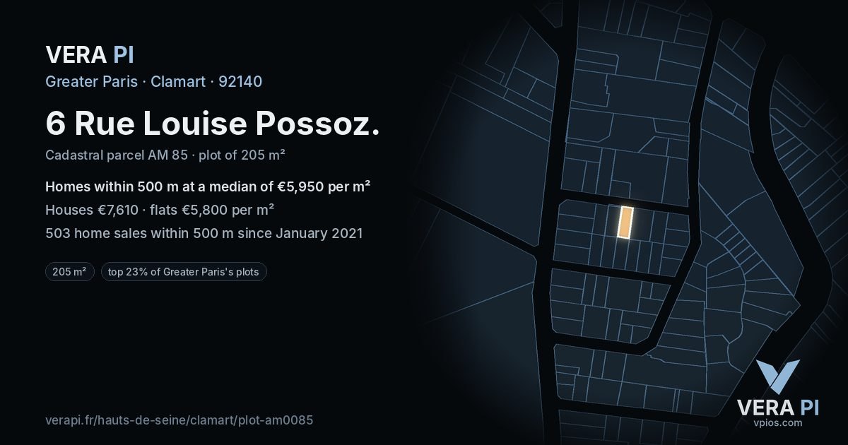 6 Rue Louise Possoz, Clamart at night – the plot lit, the parcels around coloured by the prices near them