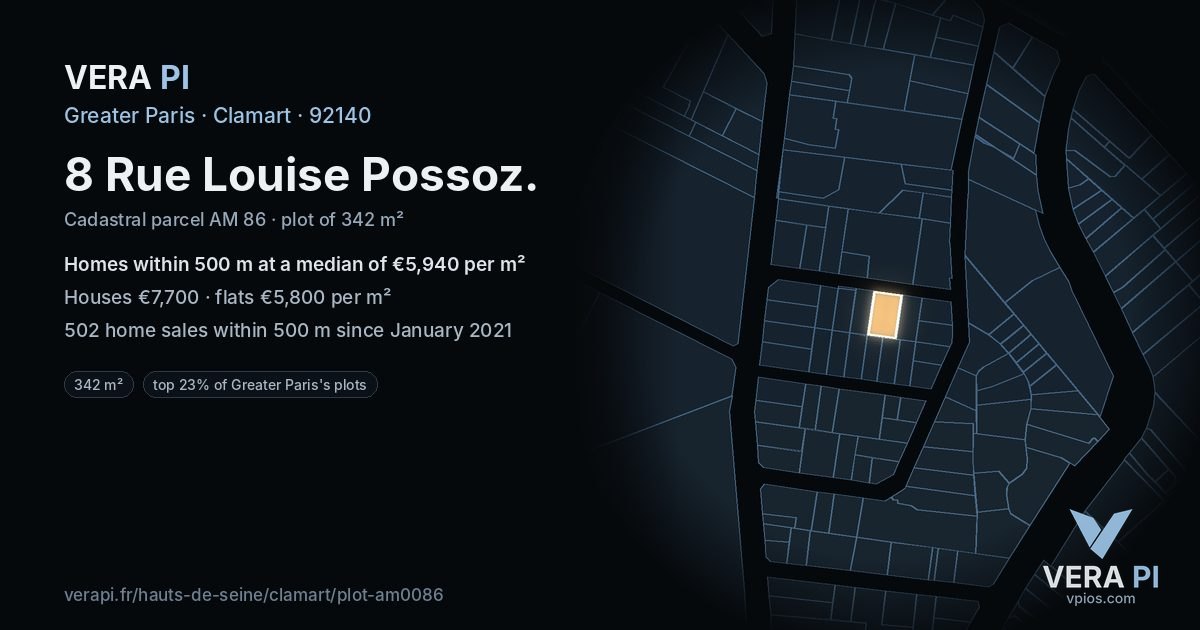 8 Rue Louise Possoz, Clamart at night – the plot lit, the parcels around coloured by the prices near them