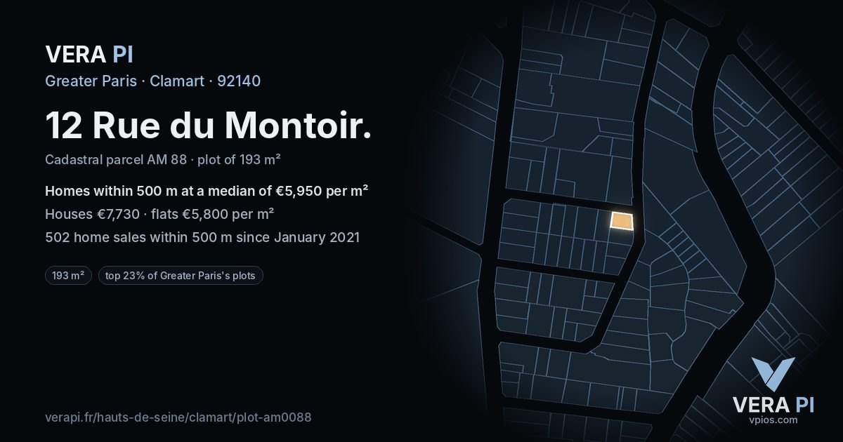 12 Rue du Montoir, Clamart at night – the plot lit, the parcels around coloured by the prices near them