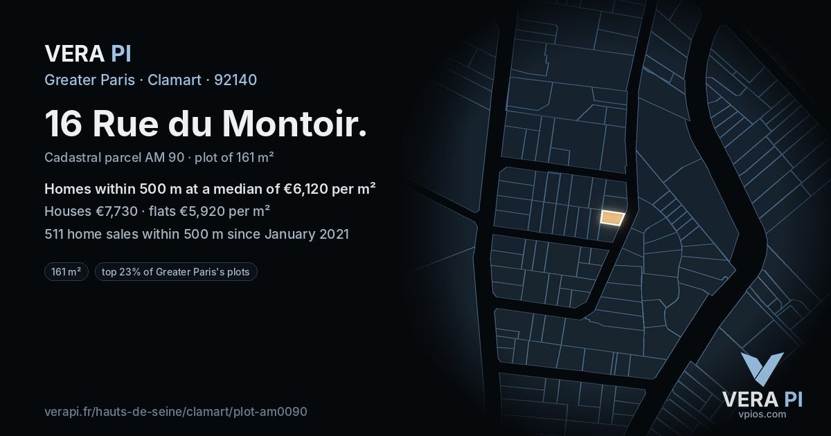 16 Rue du Montoir, Clamart at night – the plot lit, the parcels around coloured by the prices near them