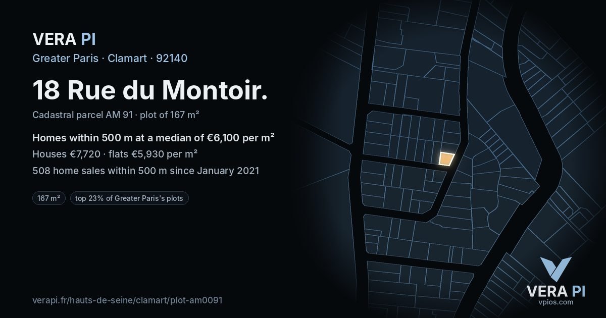 18 Rue du Montoir, Clamart at night – the plot lit, the parcels around coloured by the prices near them