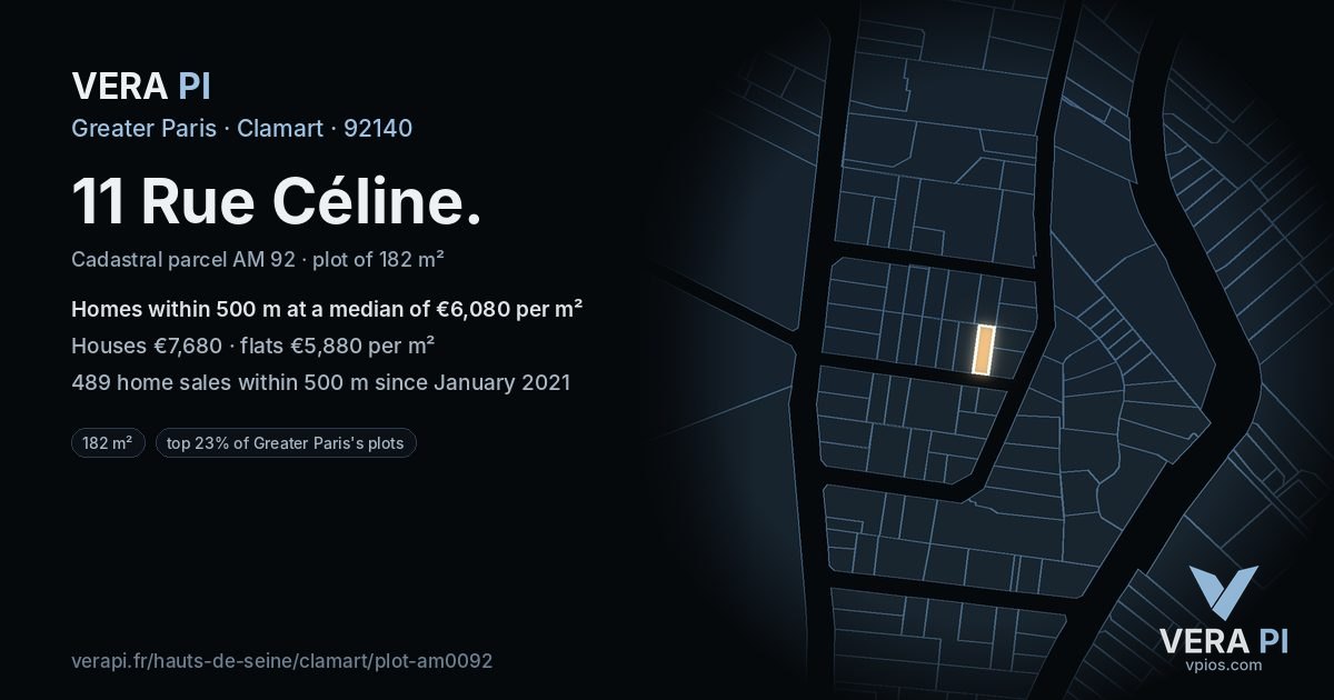 11 Rue Céline, Clamart at night – the plot lit, the parcels around coloured by the prices near them