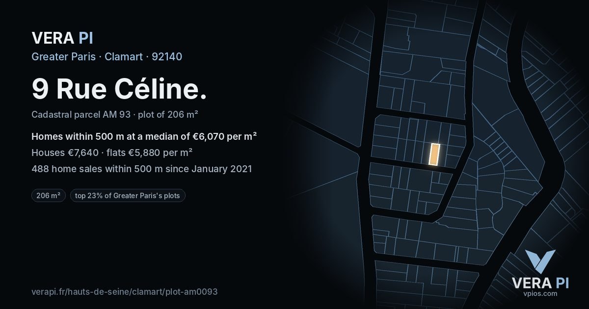 9 Rue Céline, Clamart at night – the plot lit, the parcels around coloured by the prices near them