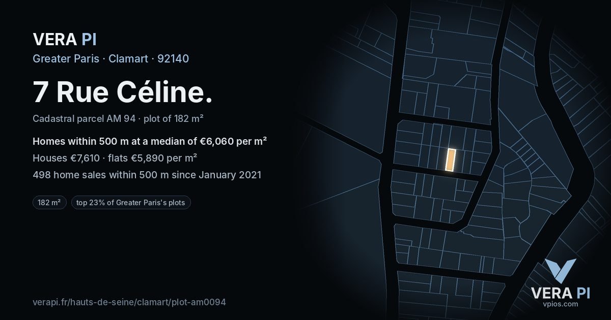 7 Rue Céline, Clamart at night – the plot lit, the parcels around coloured by the prices near them