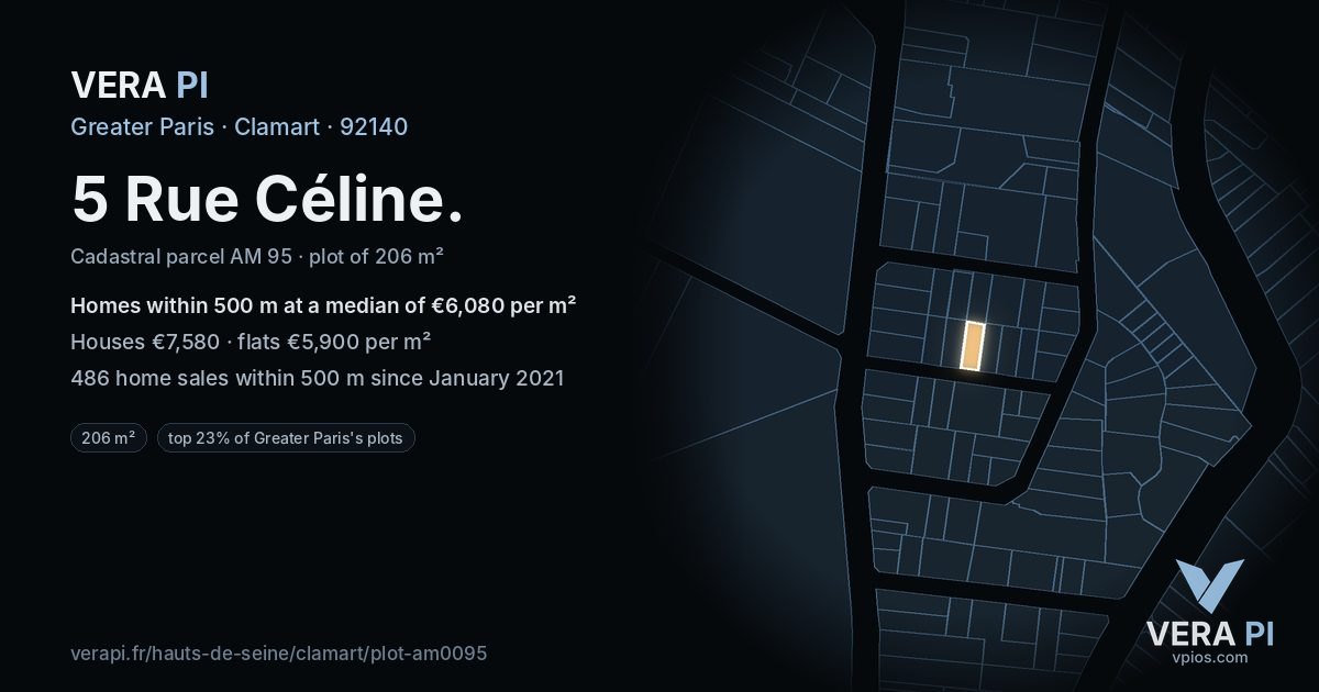 5 Rue Céline, Clamart at night – the plot lit, the parcels around coloured by the prices near them