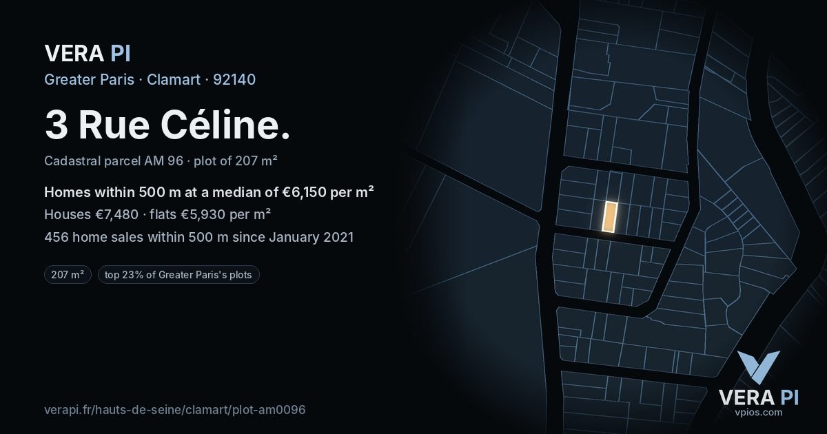 3 Rue Céline, Clamart at night – the plot lit, the parcels around coloured by the prices near them
