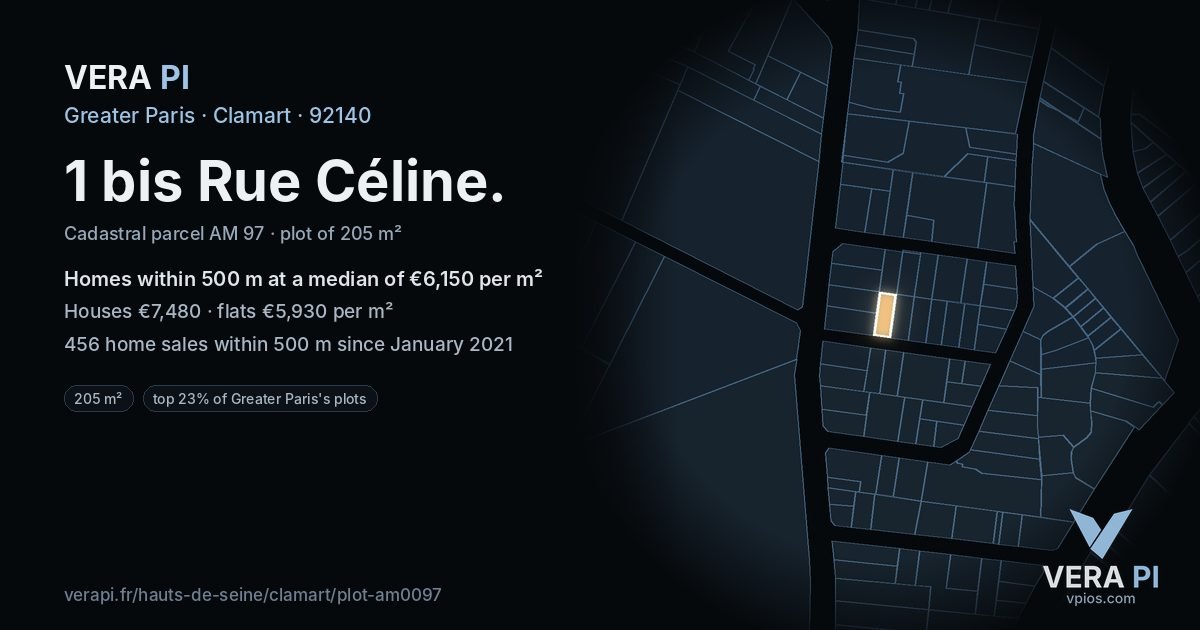 1 bis Rue Céline, Clamart at night – the plot lit, the parcels around coloured by the prices near them