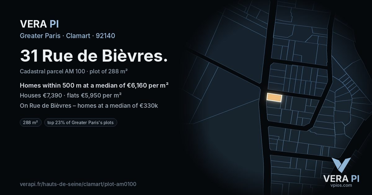 31 Rue de Bièvres, Clamart at night – the plot lit, the parcels around coloured by the prices near them