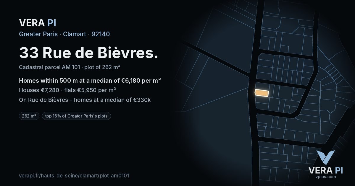 33 Rue de Bièvres, Clamart at night – the plot lit, the parcels around coloured by the prices near them