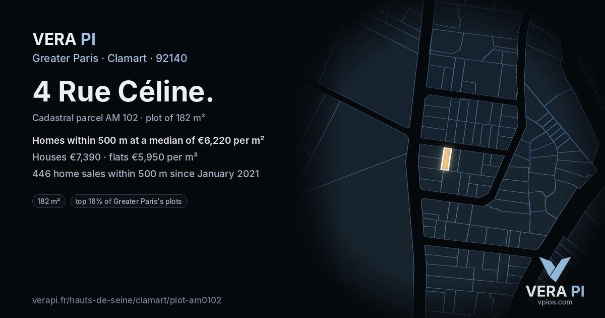 4 Rue Céline, Clamart at night – the plot lit, the parcels around coloured by the prices near them