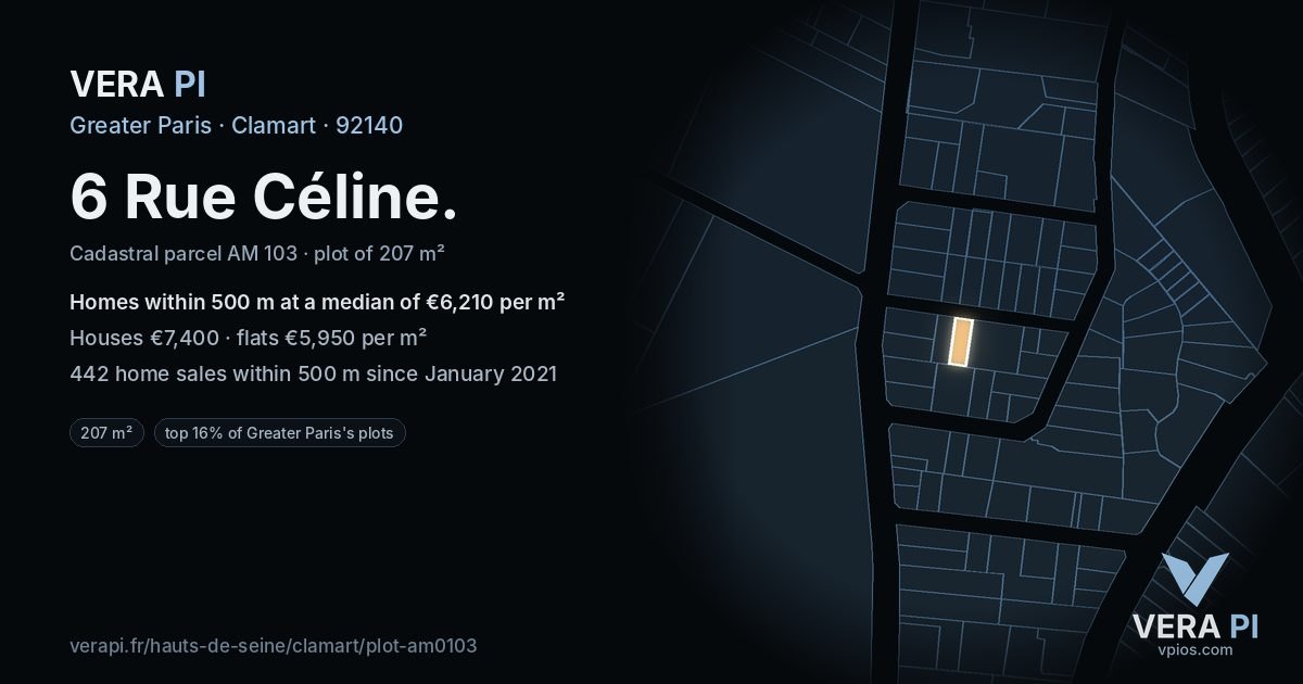 6 Rue Céline, Clamart at night – the plot lit, the parcels around coloured by the prices near them