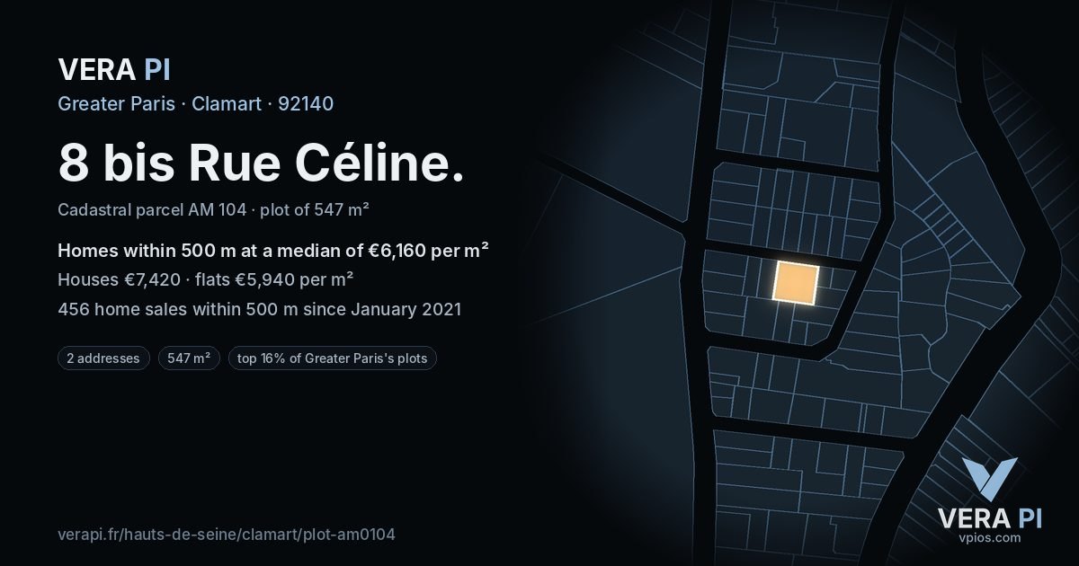 8 bis Rue Céline, Clamart at night – the plot lit, the parcels around coloured by the prices near them