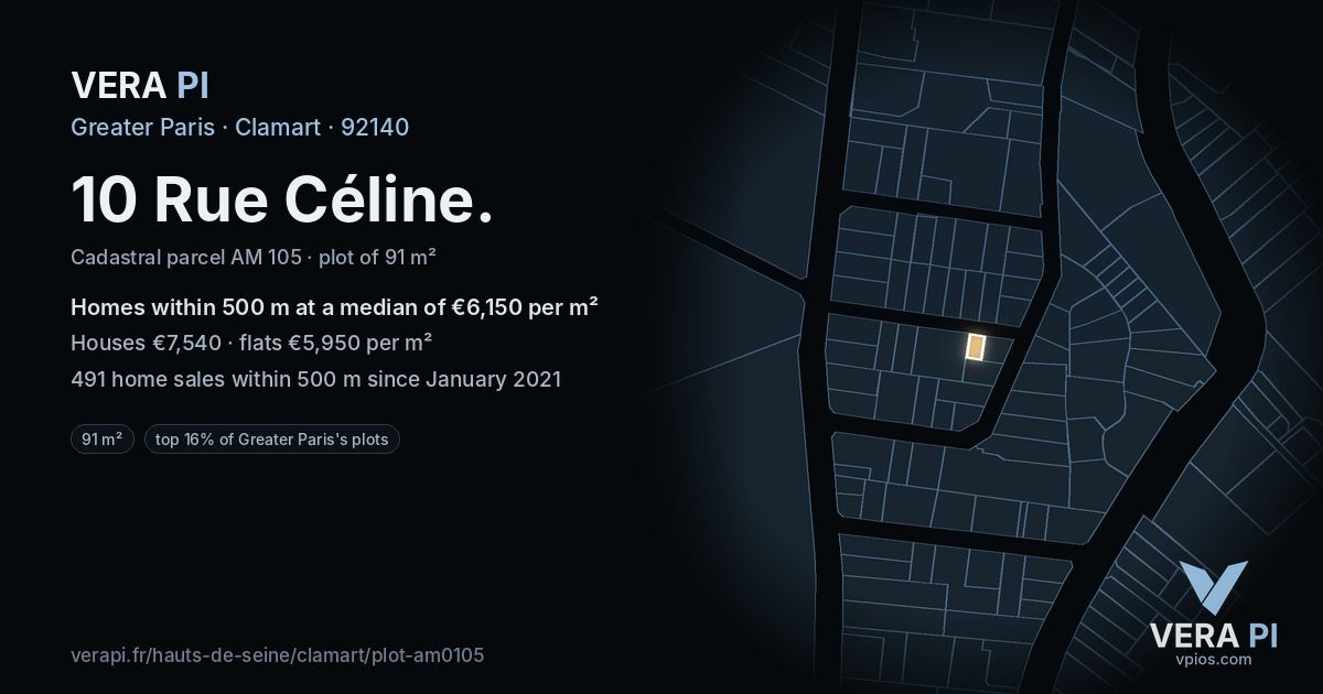 10 Rue Céline, Clamart at night – the plot lit, the parcels around coloured by the prices near them
