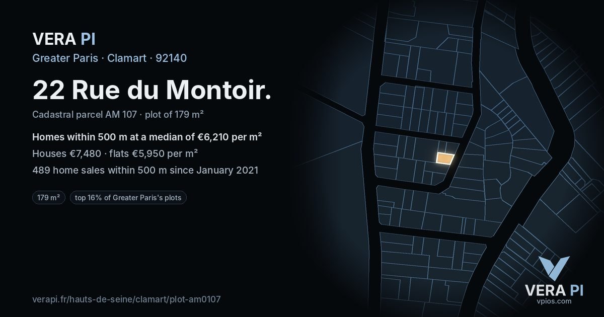 22 Rue du Montoir, Clamart at night – the plot lit, the parcels around coloured by the prices near them