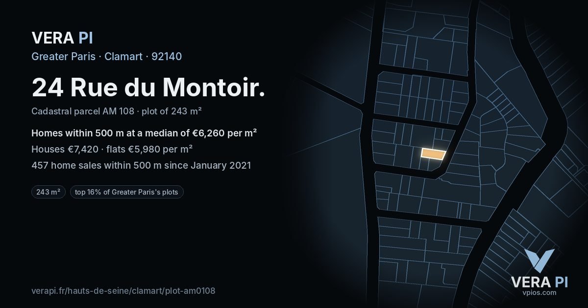 24 Rue du Montoir, Clamart at night – the plot lit, the parcels around coloured by the prices near them