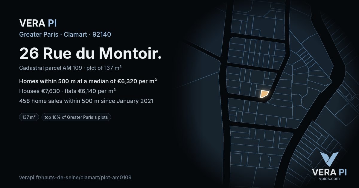 26 Rue du Montoir, Clamart at night – the plot lit, the parcels around coloured by the prices near them