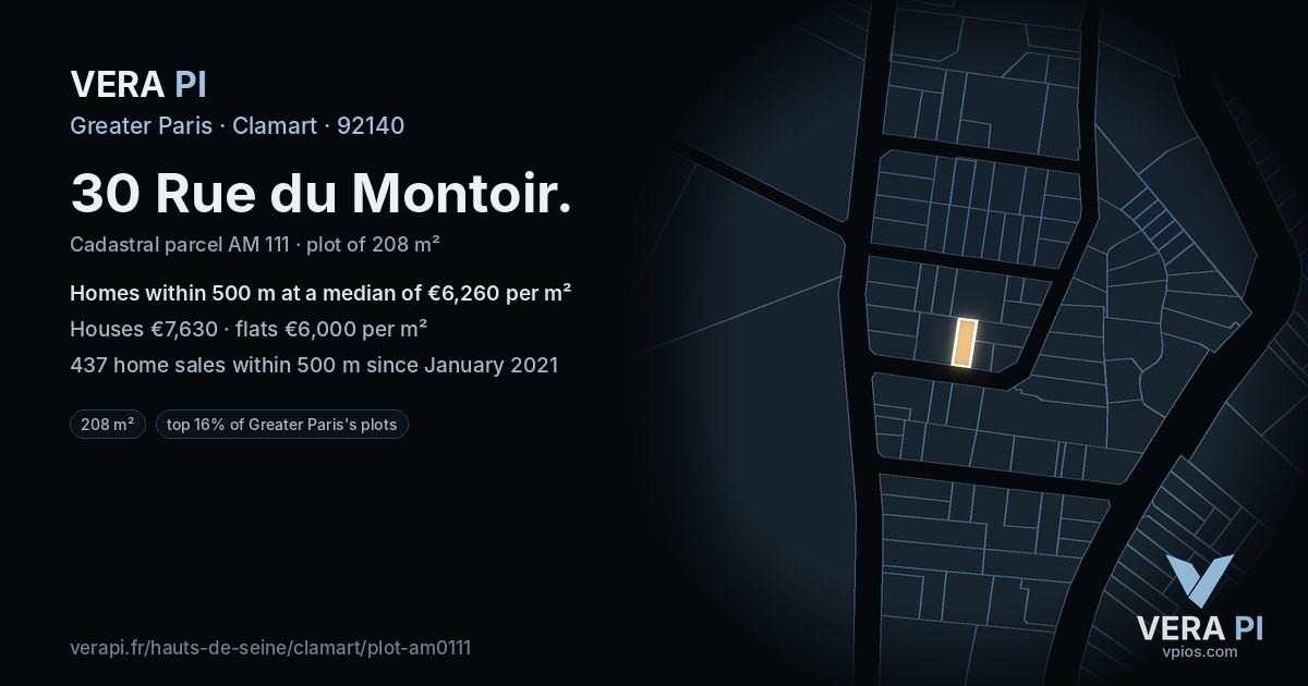 30 Rue du Montoir, Clamart at night – the plot lit, the parcels around coloured by the prices near them