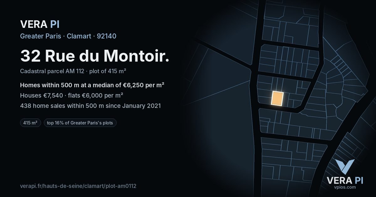 32 Rue du Montoir, Clamart at night – the plot lit, the parcels around coloured by the prices near them